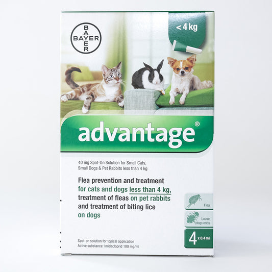 Advantage 40mg Spot-on (Green) for Small Cats, Dogs & Rabbits less than 4kg (8.8lbs)