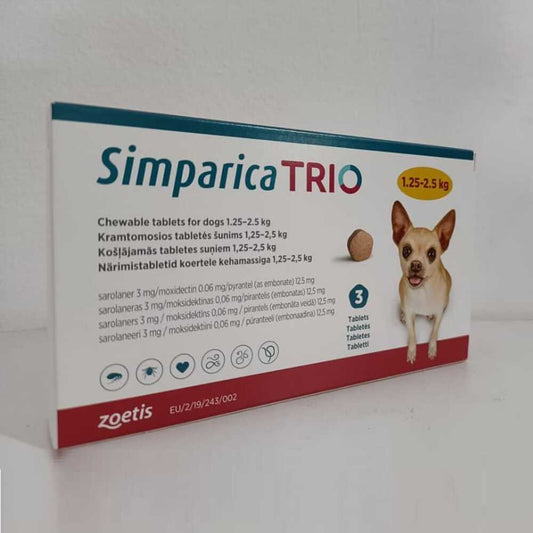 Simparica Trio Comprimés à croquer pour chiens pesant 1,25 à 2,5 kg (2,8 à 5,5) lbs, paquet de 3