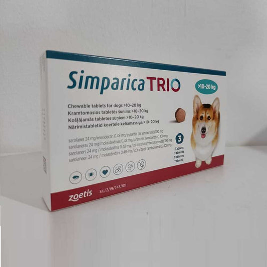 Simparica Trio Comprimés à croquer pour chiens pesant 10 à 20 kg (22,1 à 44) lbs, paquet de 3