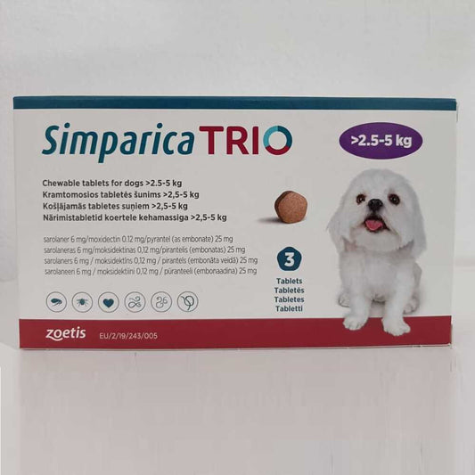 Simparica Trio Comprimés à croquer pour chiens pesant 2,5 à 5 kg (5,6 à 11) lb, paquet de 3