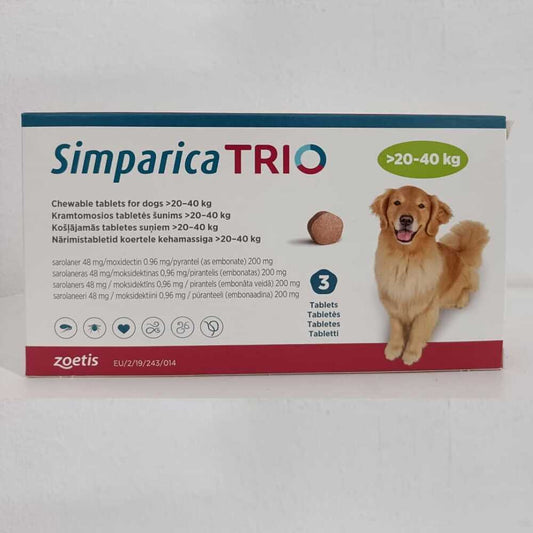 Simparica Trio Comprimés à croquer pour chiens pesant 20 à 40 kg (44,1 à 88) lbs, paquet de 3