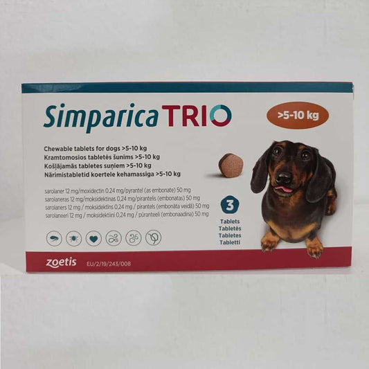 Simparica Trio Comprimés à croquer pour chiens pesant 5 à 10 kg (11,1 à 22) lbs, paquet de 3