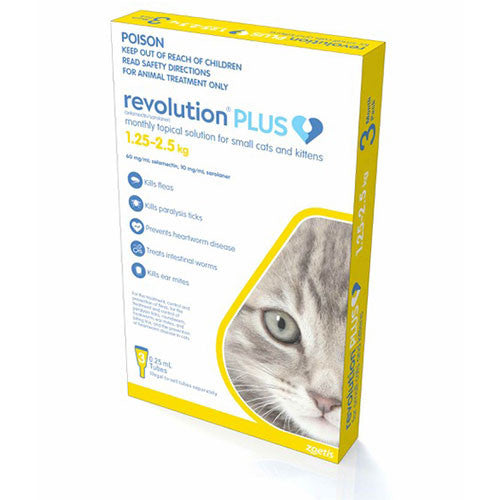 Revolution Plus Prévention contre les puces, les vers et les tiques pour petits chats et chatons de 2,8 à 5,5 lb (1,25 à 2,5 kg), doré, paquet de 3