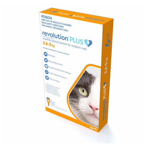 Revolution Plus - Prévention contre les puces, les vers et les tiques pour chats de taille moyenne de 5,6 à 11 lb (2,5 à 5 kg), orange, paquet de 6