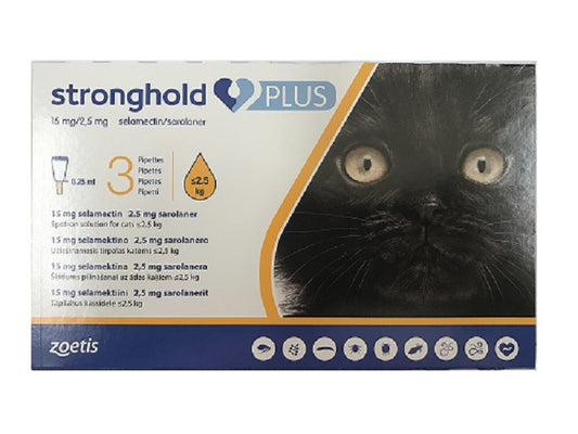 Stronghold Plus 15 mg/2,5 mg solución para aplicación puntual para gatos pequeños de hasta 2,5 kg (5,5 lb), paquete de 3
