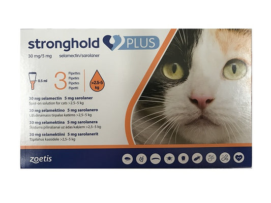 Stronghold Plus 30 mg/5 mg solución para aplicación puntual para gatos medianos &gt;2,55 kg (5,5-11 lbs), paquete de 3