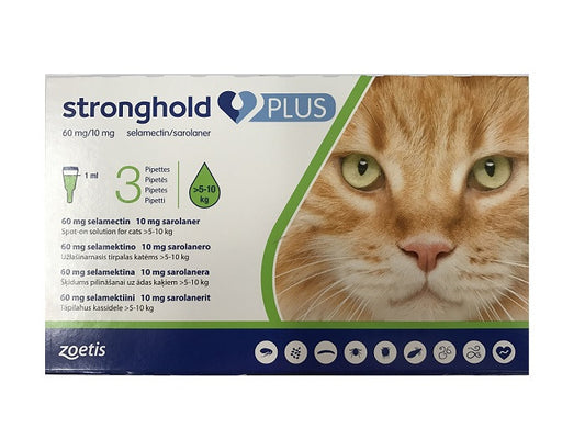 Stronghold Plus 60 mg/10 mg solución para aplicación puntual para gatos grandes de 5 a 10 kg (11 a 22 lbs), paquete de 3